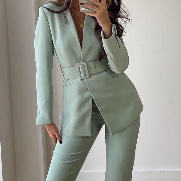 Zara Mint Green Belted Pantsuit - Picture 3 of 10